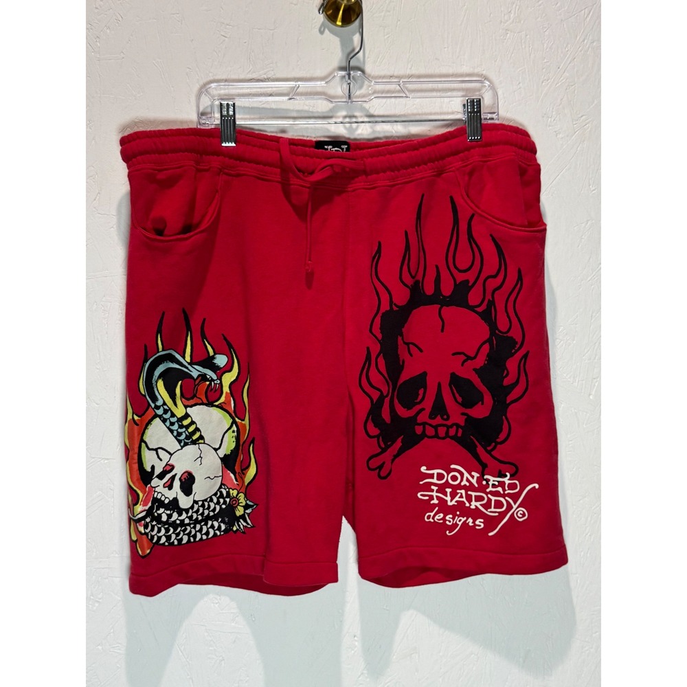 Ed Hardy Red Skull Dragon Tattoo Graphic Fleece Sweat Shorts Mens XL Y2K